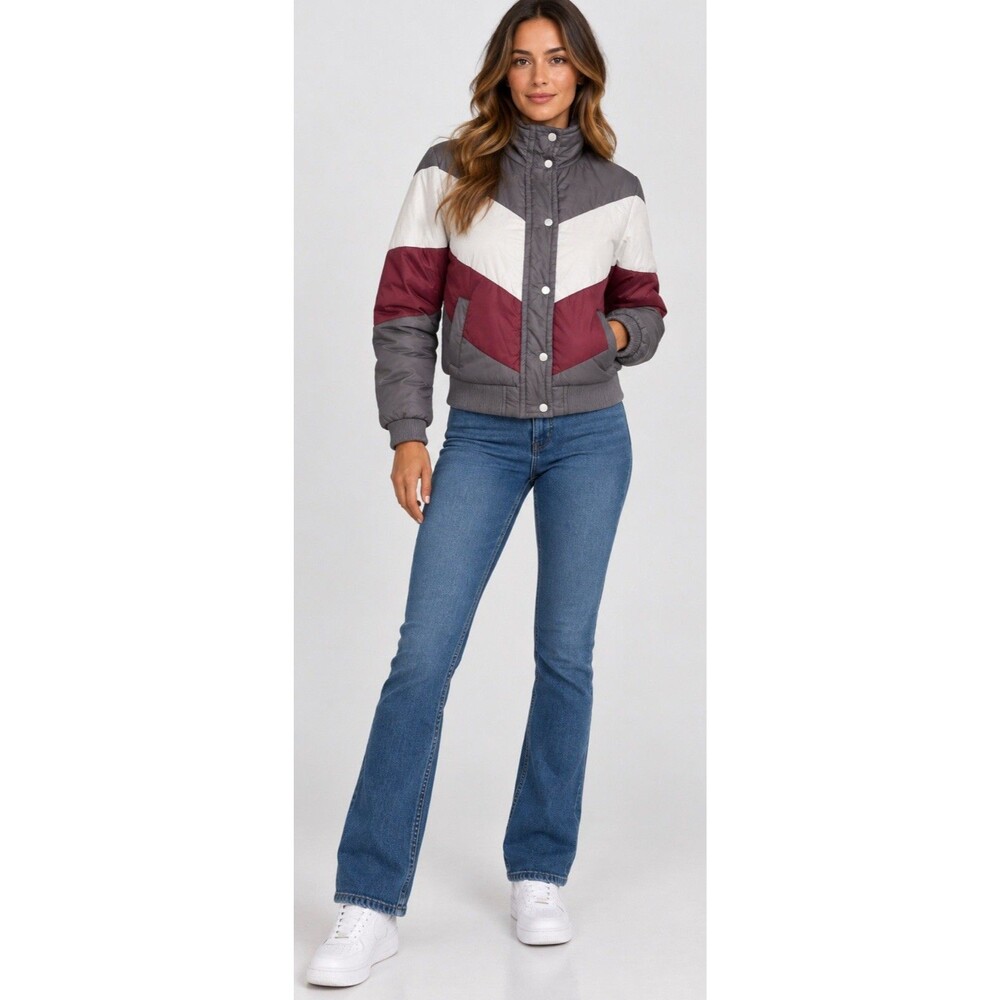 Trouve Chevron Puffer Bomber Jacket Multi Color Gray White Maroon Sz XS